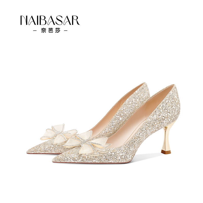 NAIBASAR/奈芭莎婚鞋女高跟鞋单鞋2025爆款蝴蝶结主婚纱新娘鞋