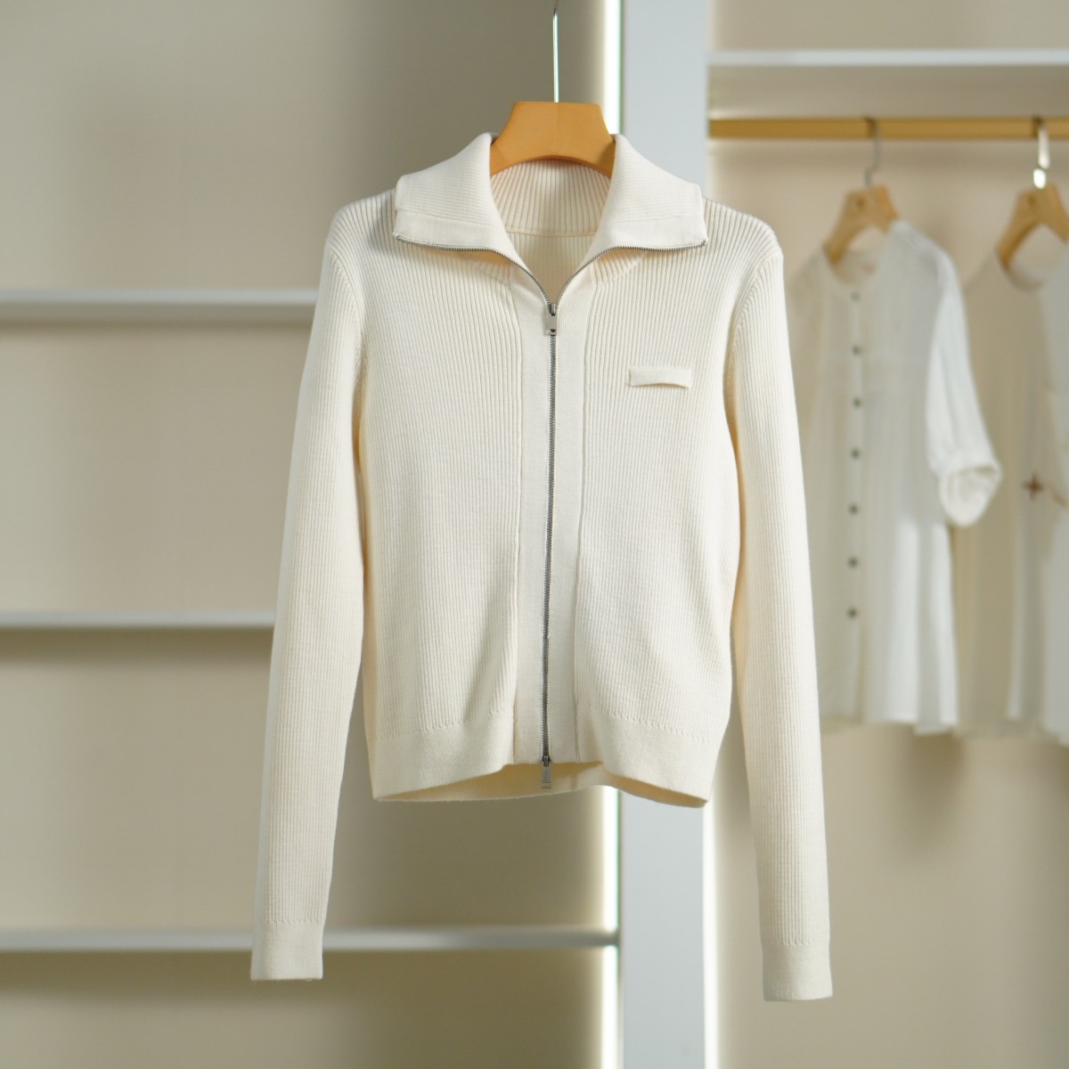 【魏W.D】E070 女装春秋简约双拉链头针织开衫米白色1ZDMA3150