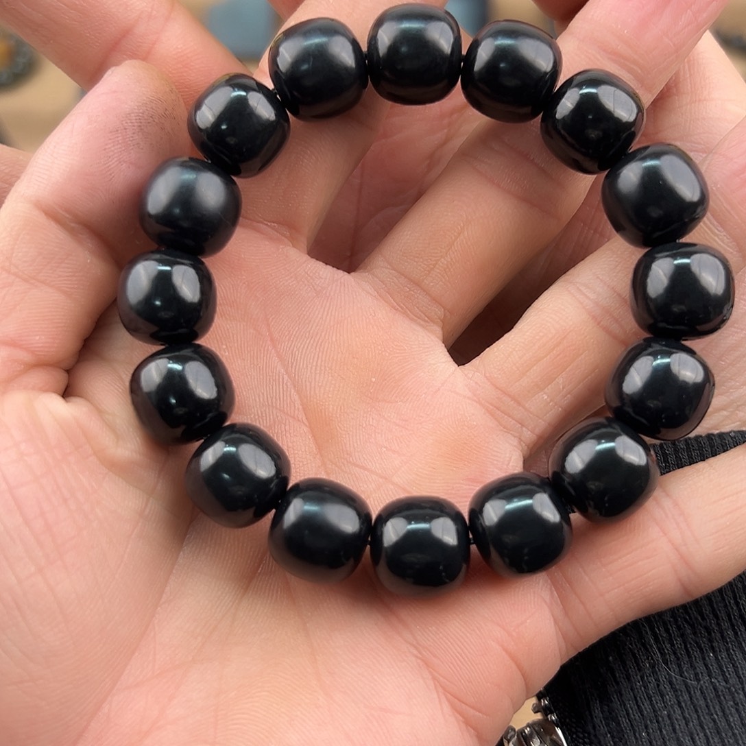 既***白和田玉未镶嵌手串墨玉14老型手串98磨