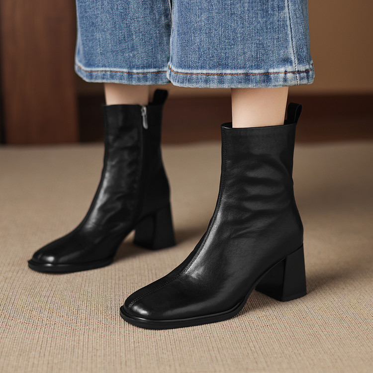 冬气质限定风方头粗跟棕色牛皮质感马蹄跟内侧拉链设计女短靴M87