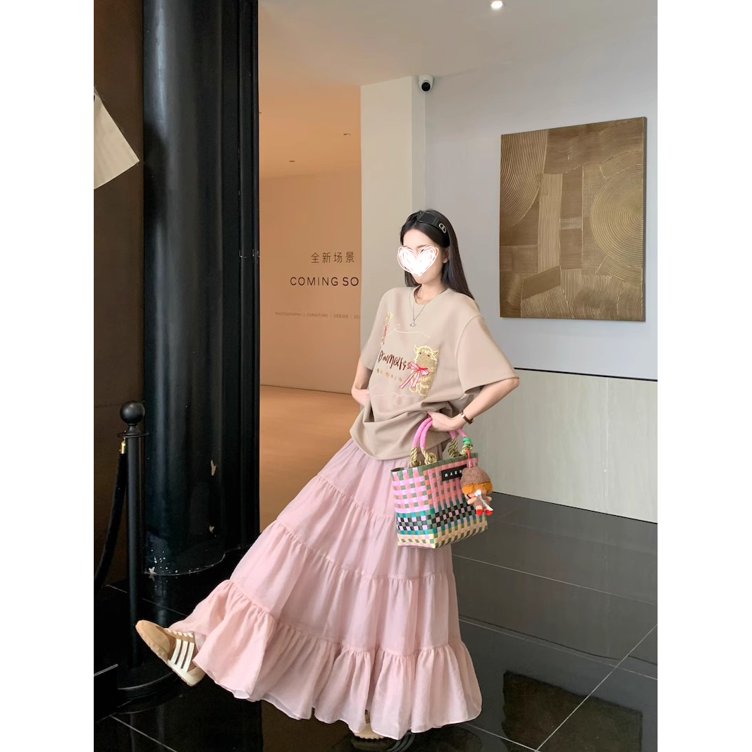 2042贴布绣刺绣短袖T恤网纱蛋糕半身长裙女2025夏季新款时尚套装