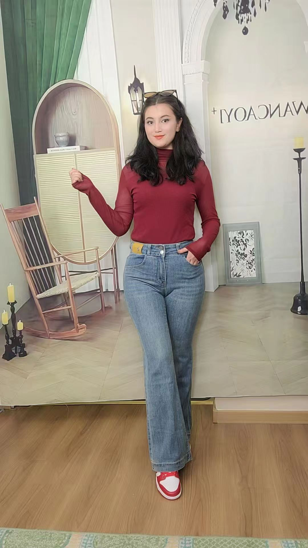 707做旧喷砂女高腰牛仔裤时尚设计师女装裤子百搭直筒阔腿破洞