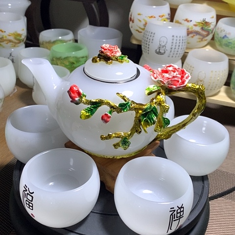 琉璃中式珐琅彩牡丹花一壶六杯礼盒套装