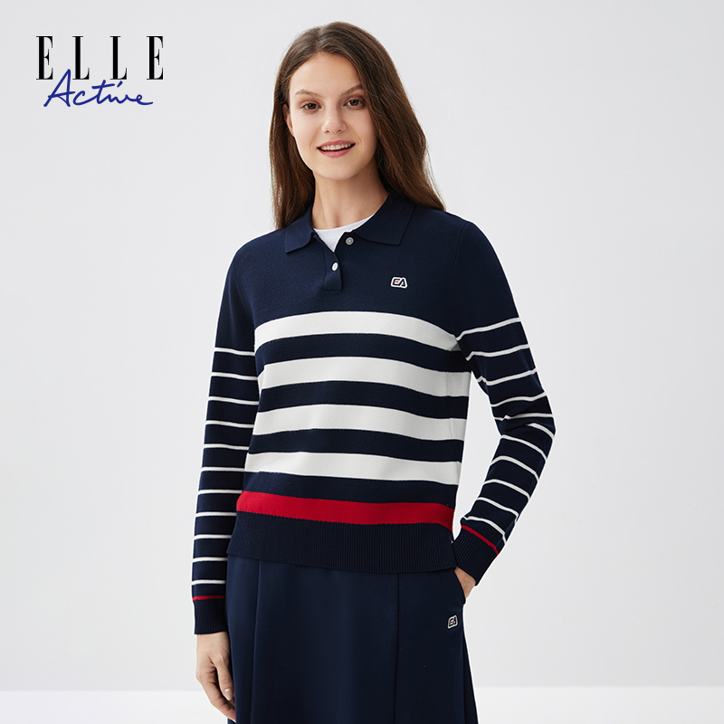 ELLE Active【撞色条纹】长袖针织衫经典翻领毛衣女时尚休闲毛衫秋