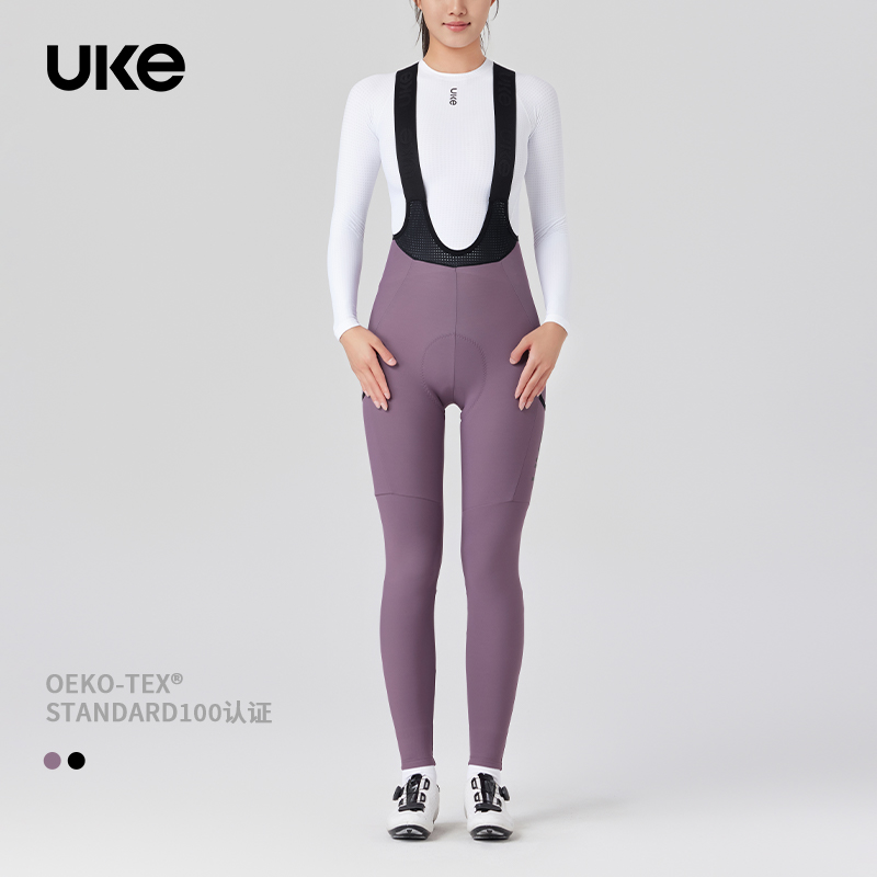 UKE女子抓绒储物背带骑行长裤公路车保暖高弹舒适120密度 青也
