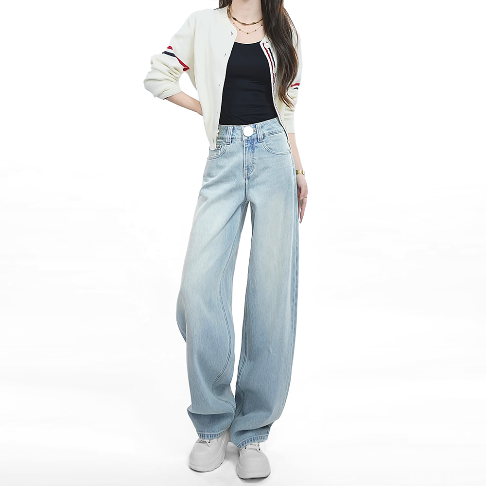 蓝色直筒牛仔裤女2025春夏新款慵懒风弯刀裤高腰宽松显瘦通勤裤子