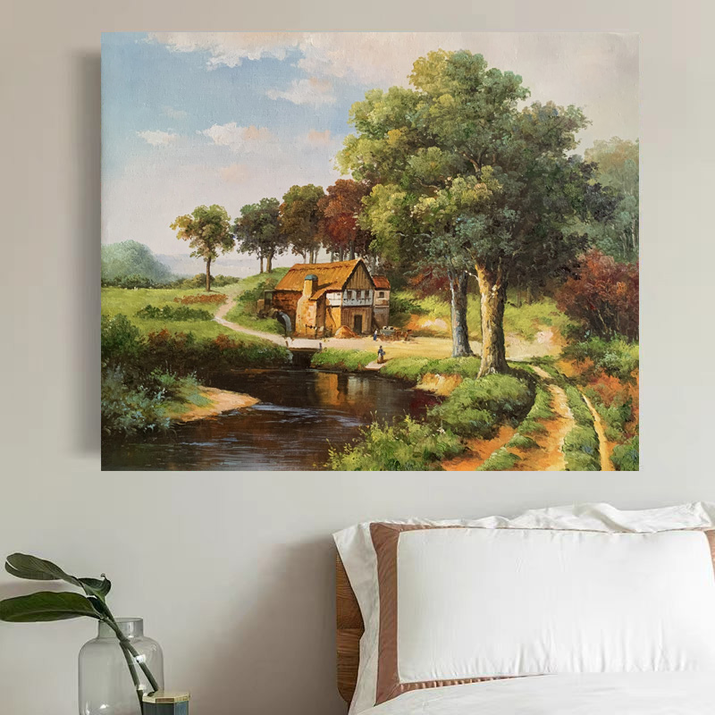《溪畔农舍》50*60含内框，刘春建手绘油画装饰画，客厅背景墙挂画