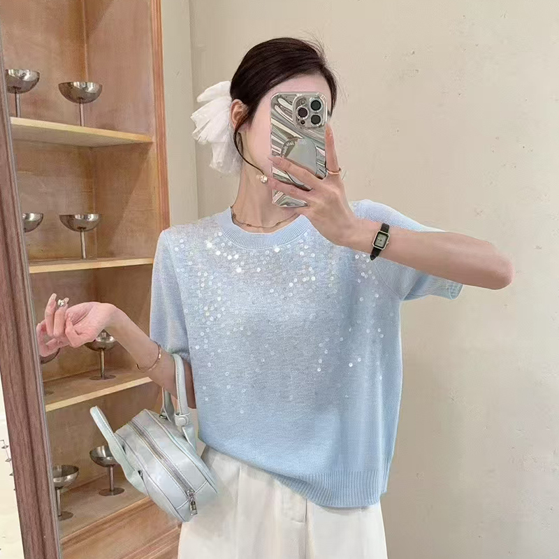 【圆领珠片套头】夏季新款百搭气质休闲套头短袖