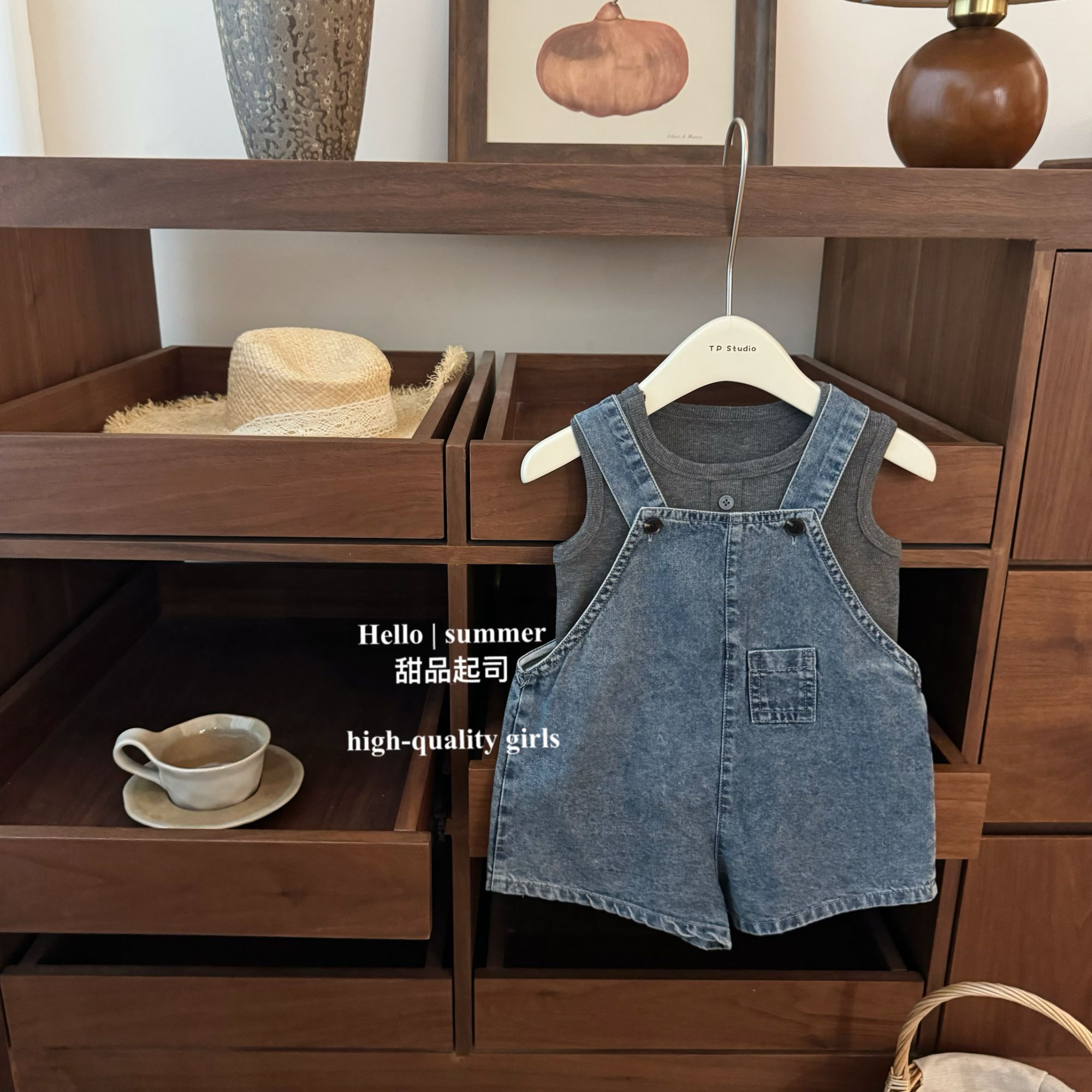 【甜品起司】ins小博主！韩国女宝宝甜酷牛仔背带裤灰色背心洋气套装