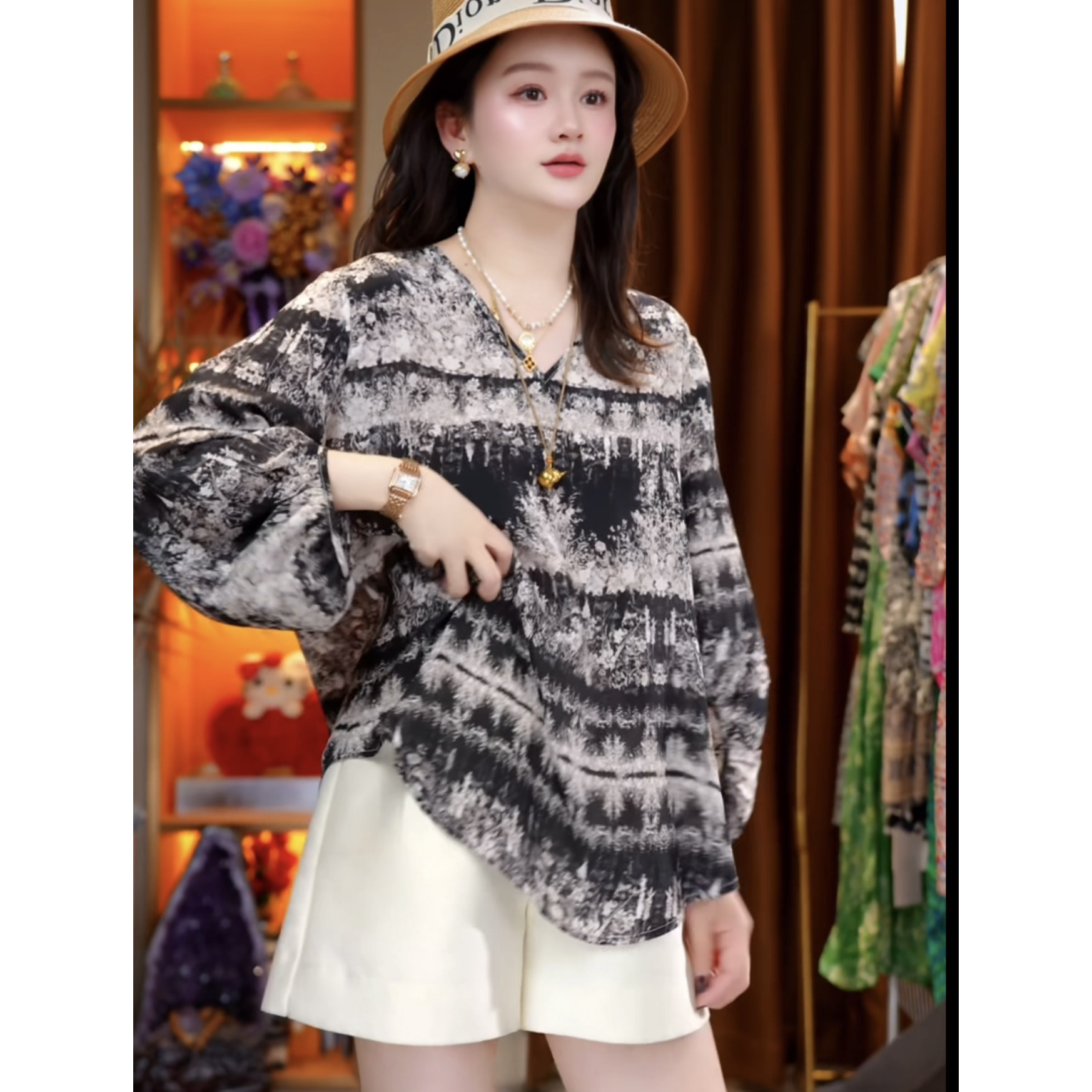 【丝芙玉禄】（A165）真丝双绉设计师复古晕染显瘦桑蚕丝衬衫上衣