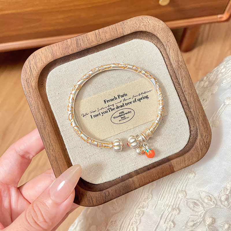 足银珐琅手镯 「柿柿如意」足银999.9宫廷吉言手镯女描金开口银手镯