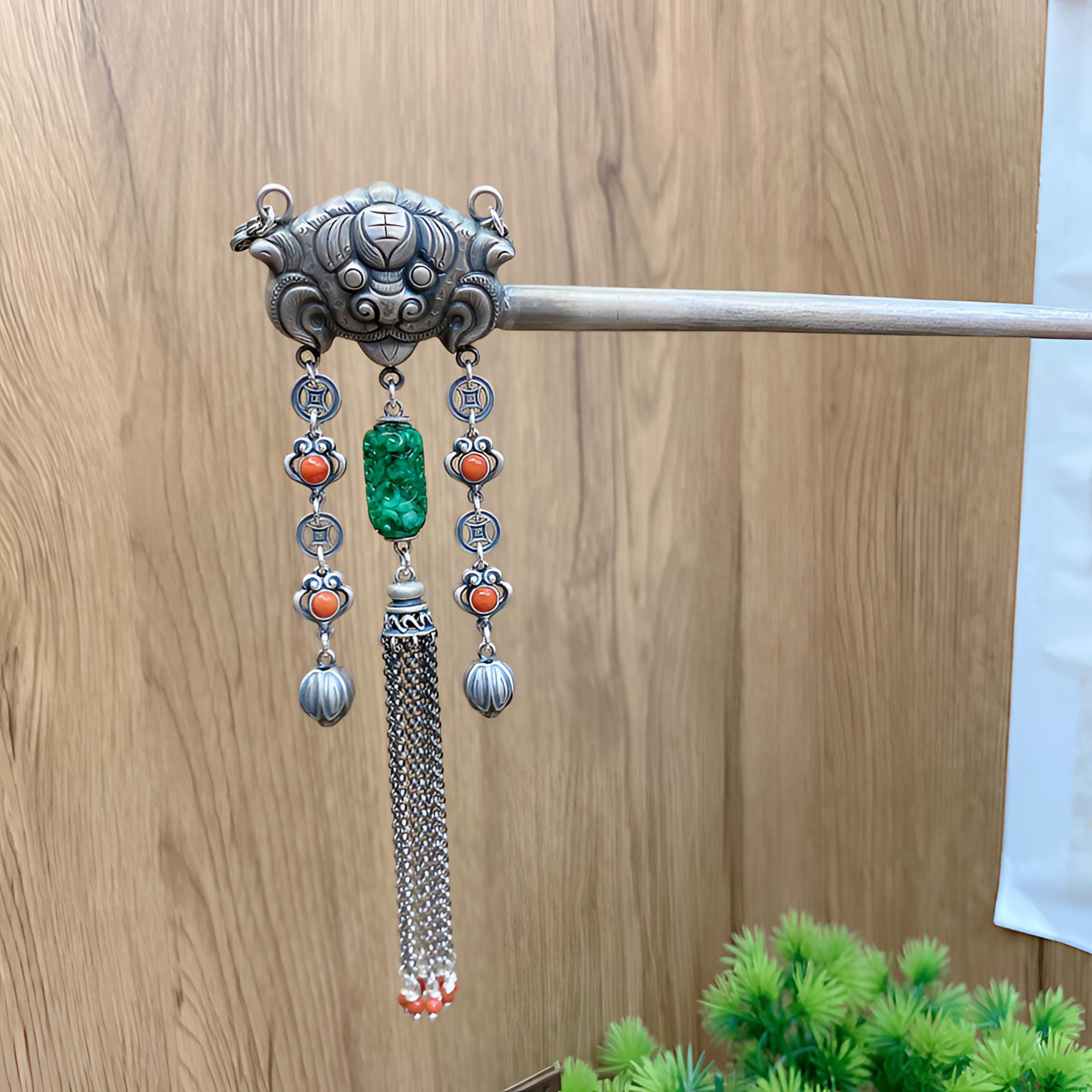 足银银制品 英英手工錾刻银发簪