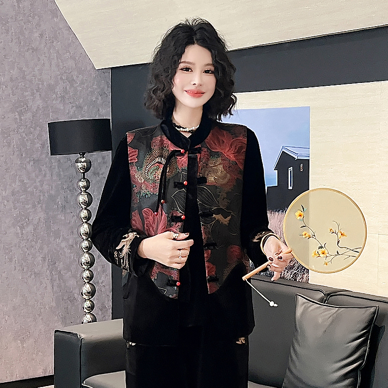 金丝绒中国风常规宽松型时尚中老年女装秋季提花民族风马夹妈妈装