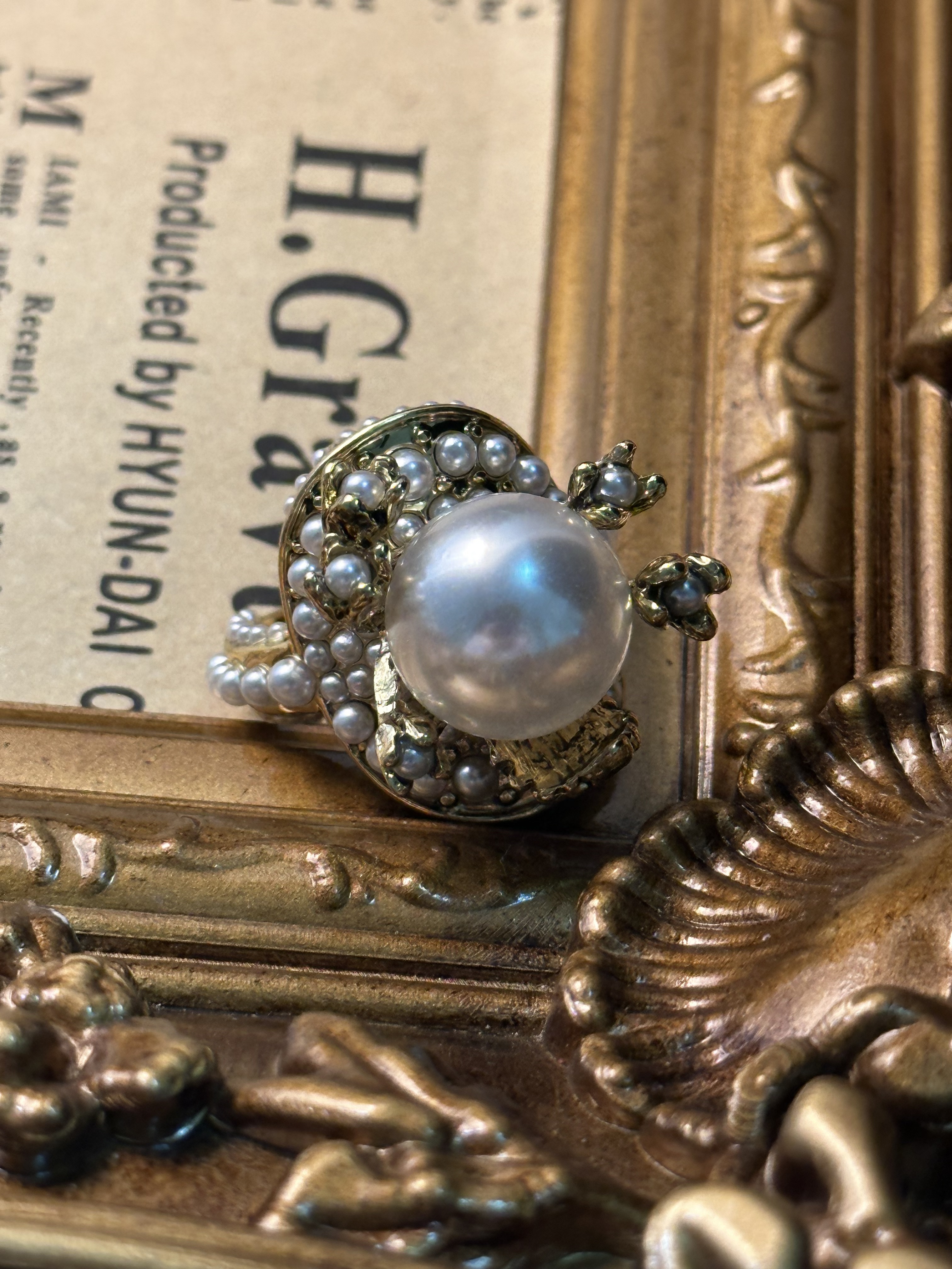 铜合金锆石戒指 中古镀金仿珍珠镶嵌戒指 R0308