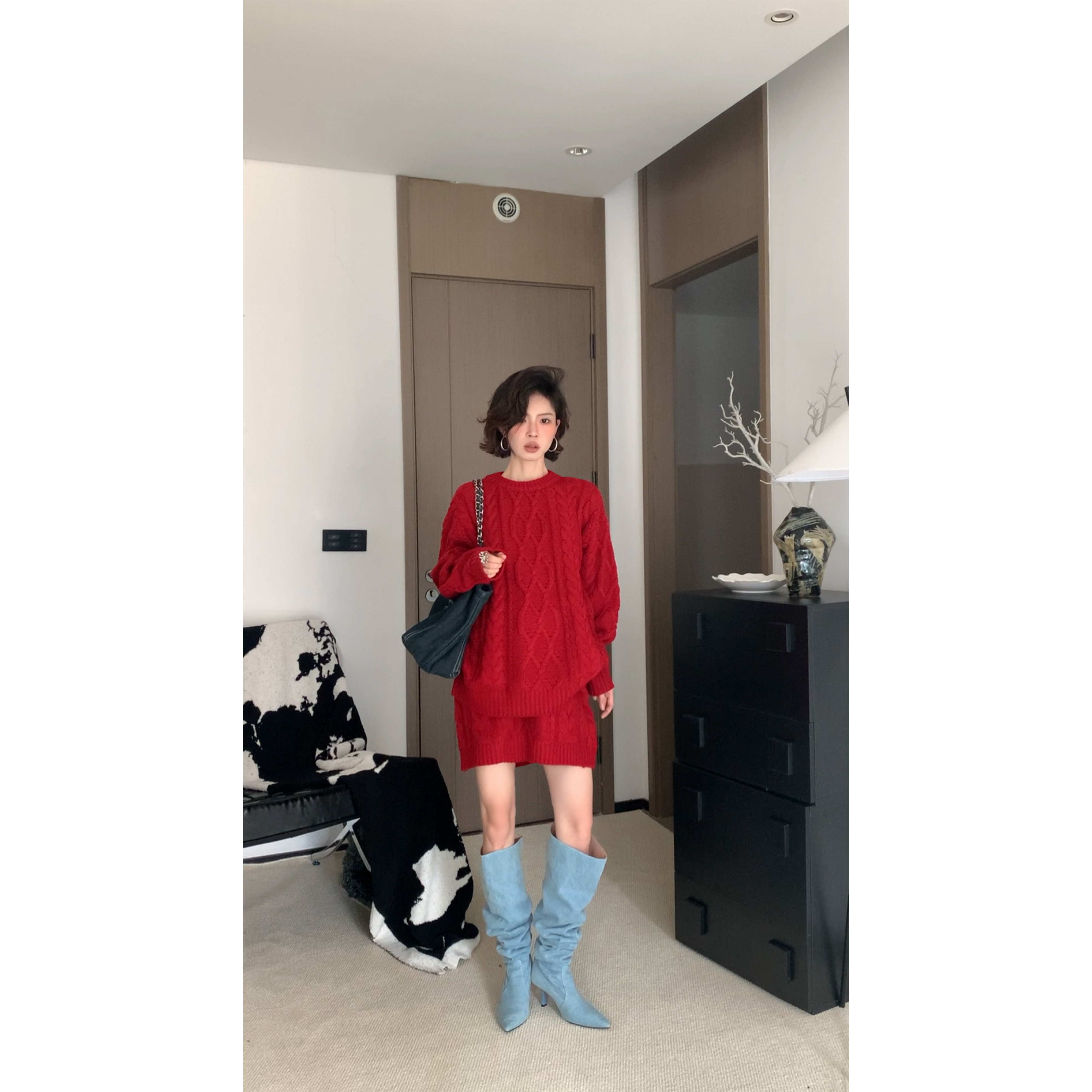 秋冬季新款断码捡漏.“满格状态”扭结针织圣诞毛衣裙套装 4016/11