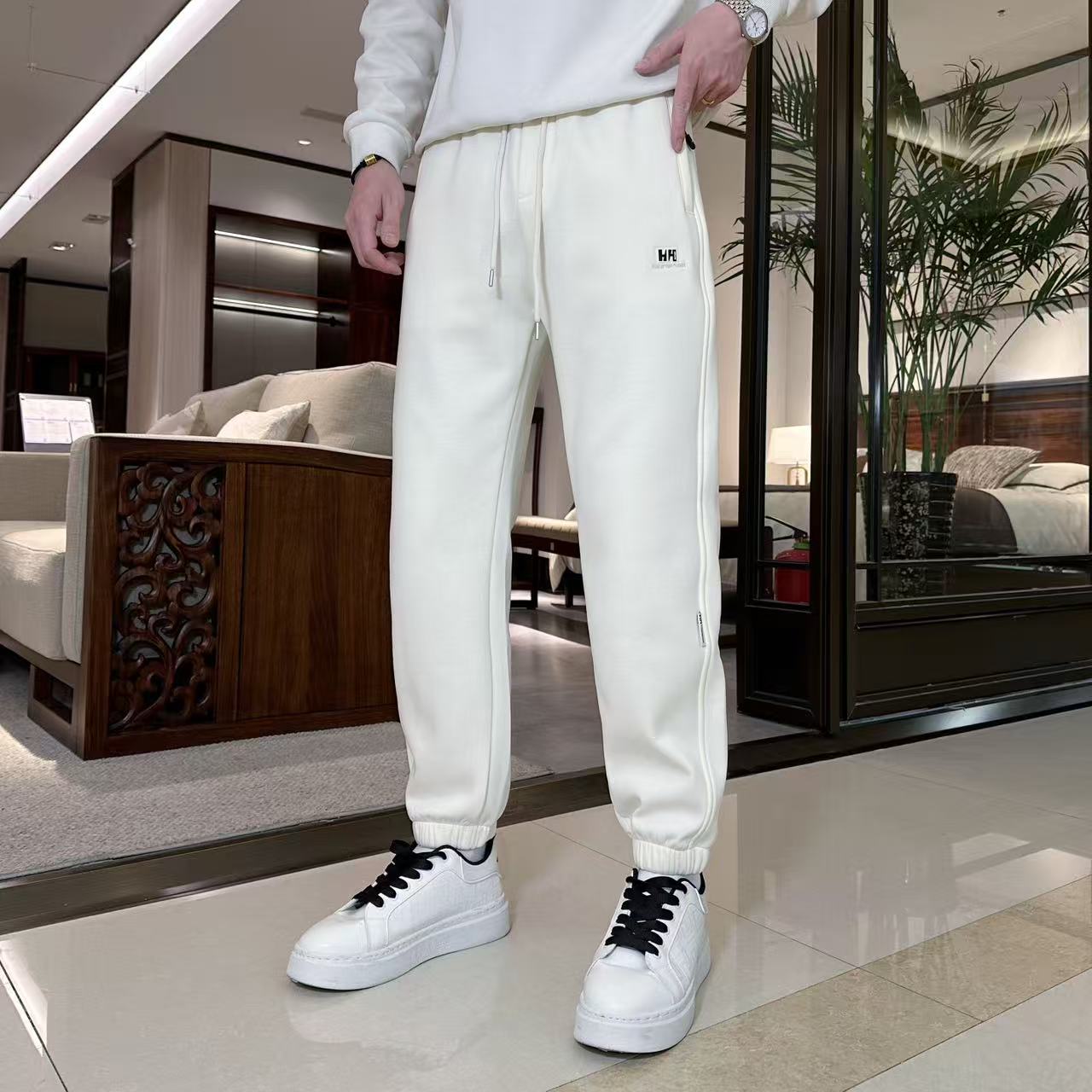 男士加绒加厚保暖高弹抽绳束脚卫裤，时尚百搭HH