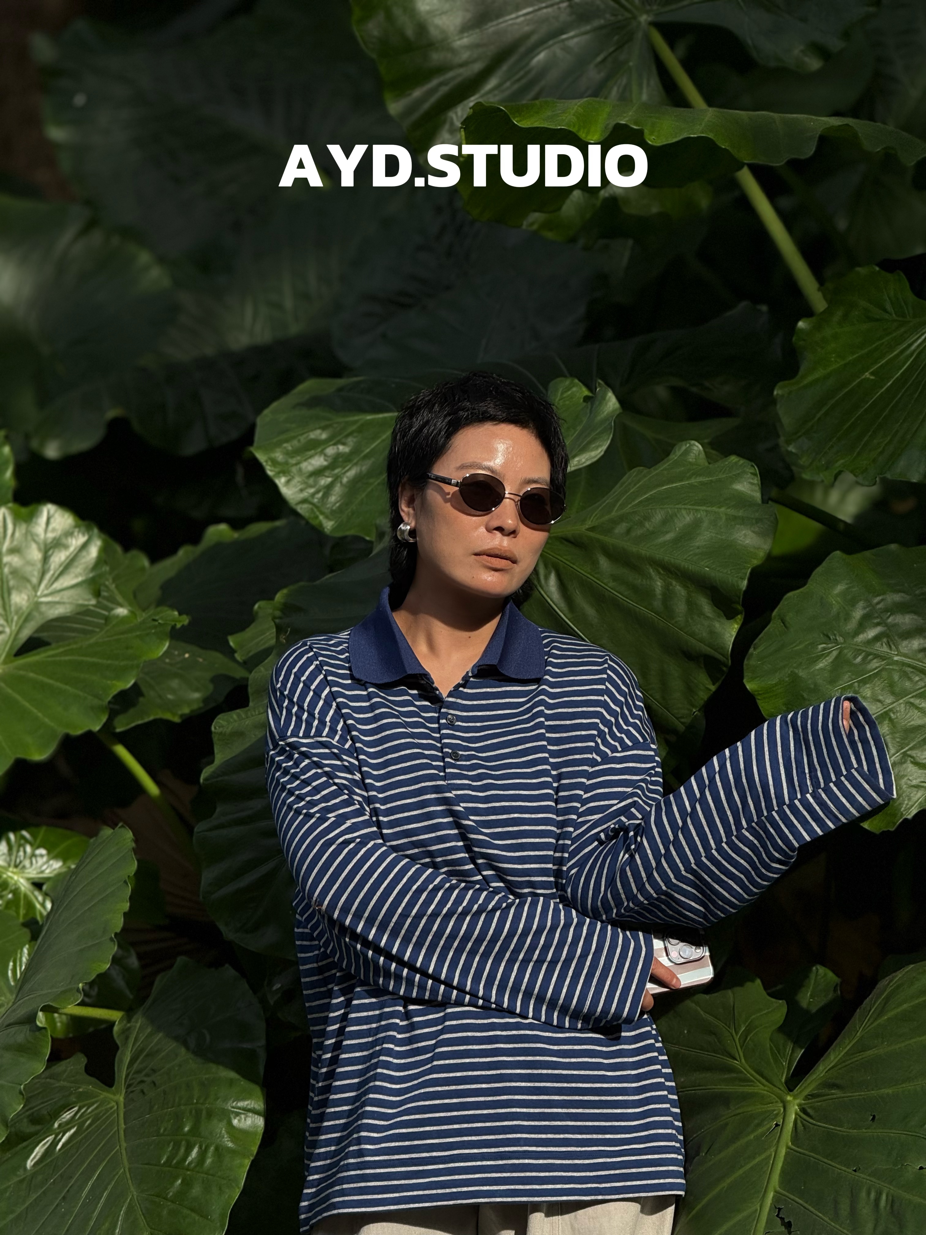 AYD.STUDIO美式复古日常穿搭下摆可调节POLO领拼接条纹长袖#81101