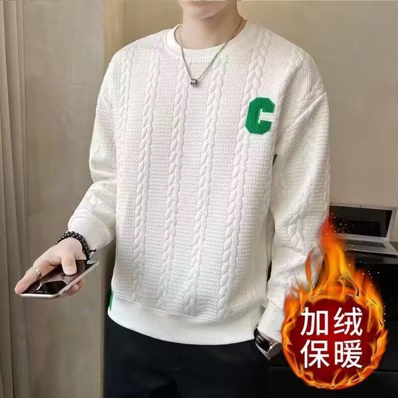 男士暖绒卫衣加绒男冬款衣服新款潮牌秋装美式圆领外套