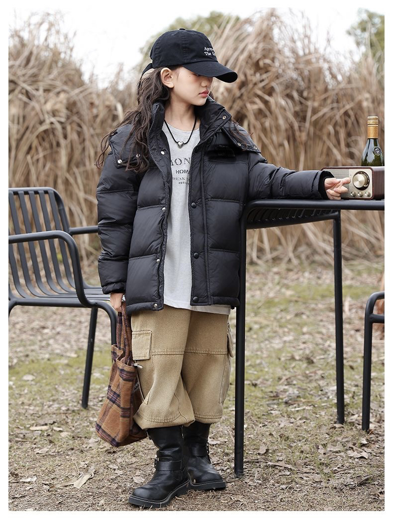 2025男女同款加厚时尚黑色羽绒外套140～180