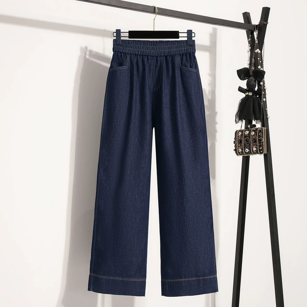 2025春季新款丹宁蓝直筒牛仔裤女款高腰显瘦宽松松紧带窄版阔腿裤