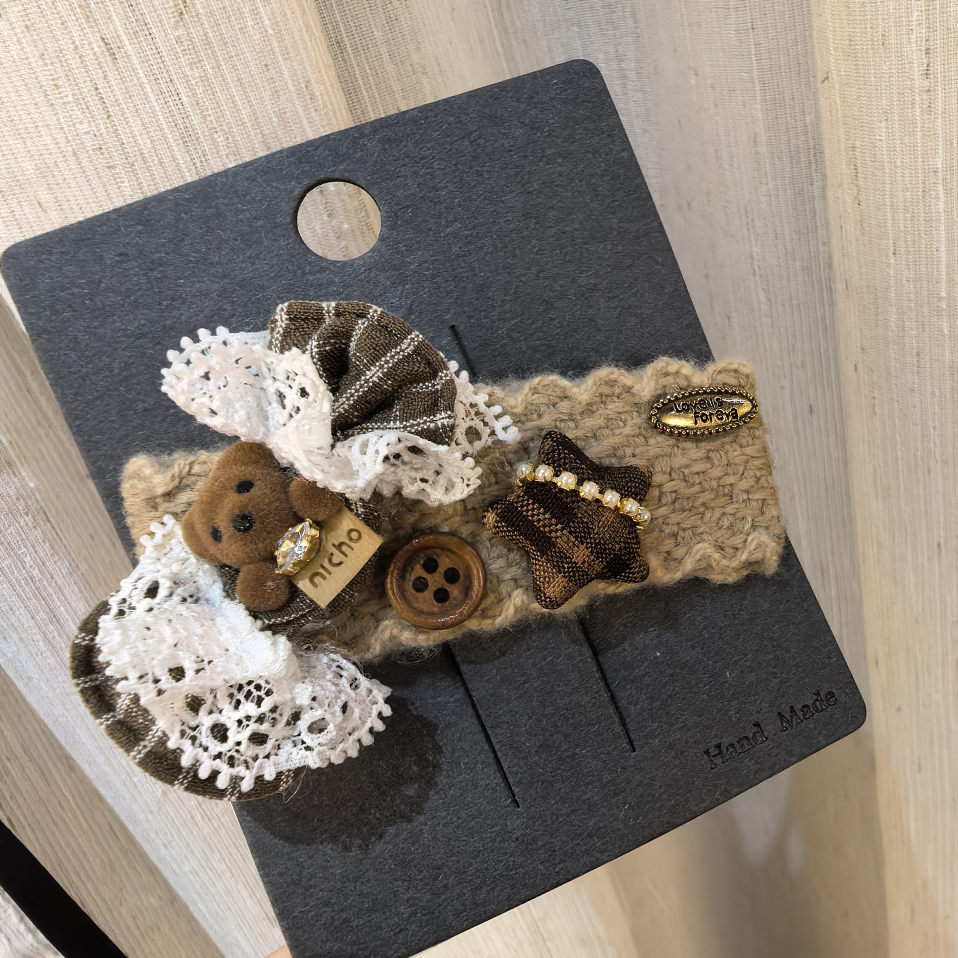 C383咖色小熊蕾丝格子蝴蝶结星星掰掰夹