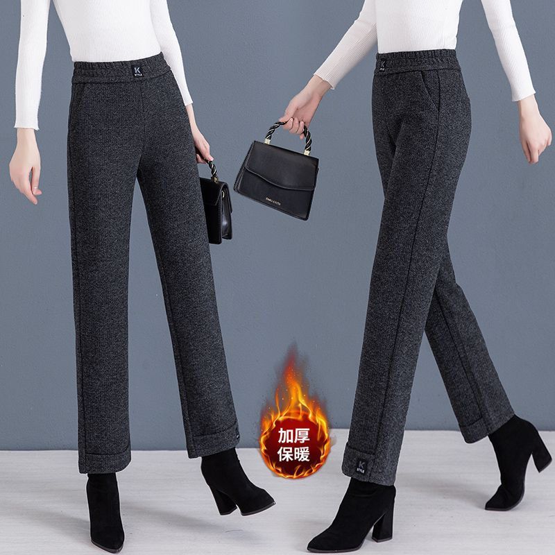 毛呢裤子女秋冬九分直筒裤加厚宽松显瘦中年妈妈高腰休闲裤小个子