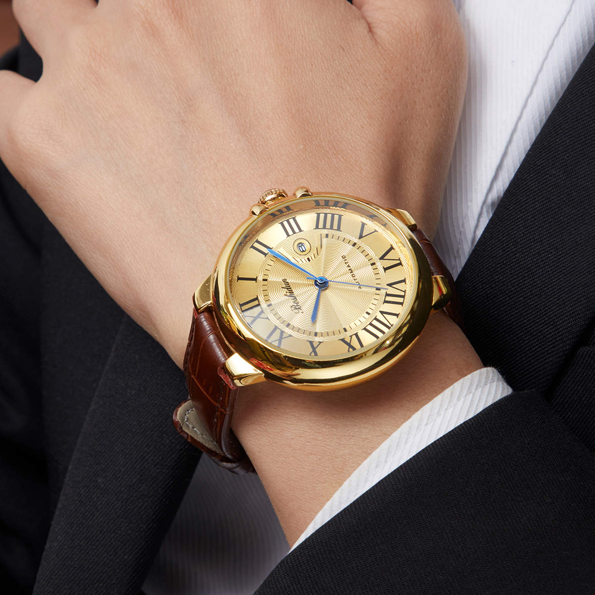 全新未使用时尚潮流百搭蓝泡泡棕皮带男表9118G专属手表腕表男款