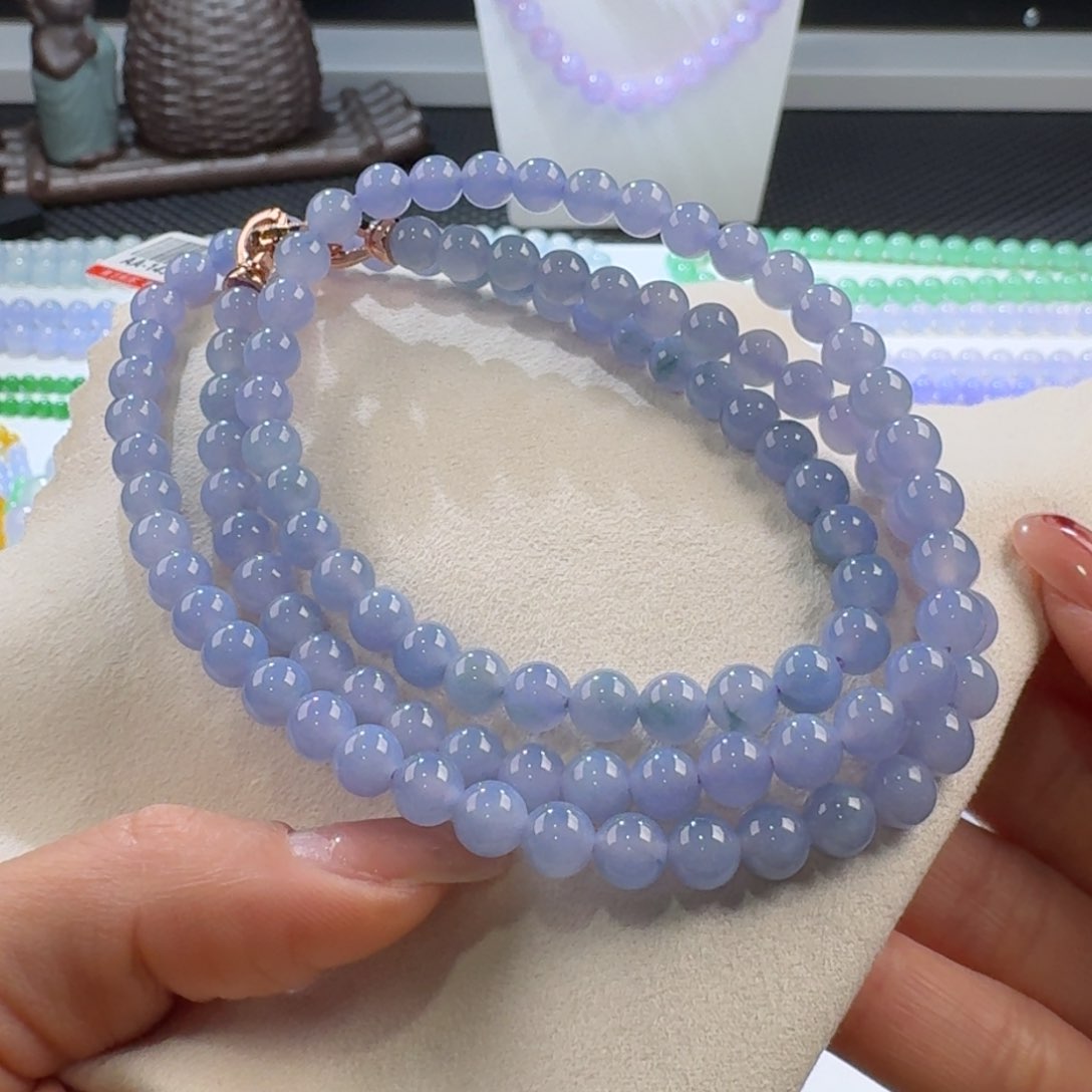 翡翠手链未镶嵌浓紫飘花长串6.4mm