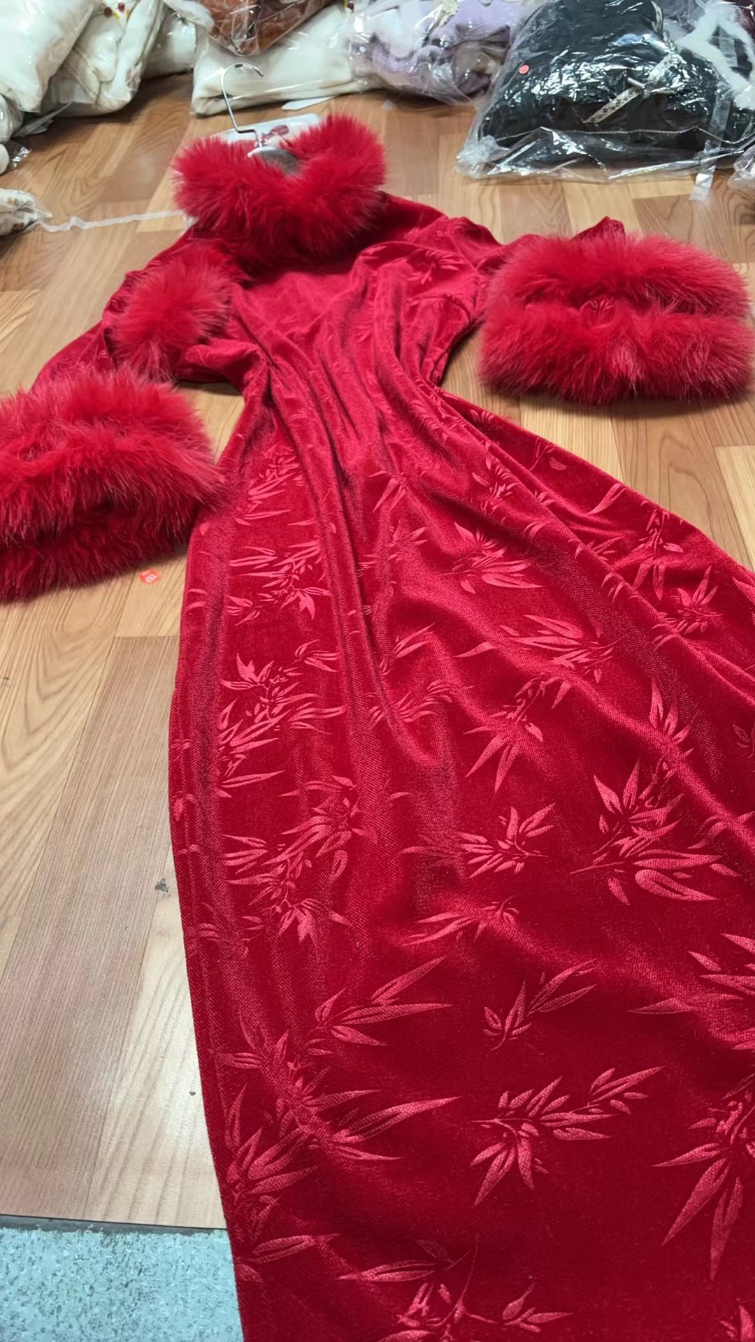 560-红色 大毛 竹子 爆款 改良 旗袍 