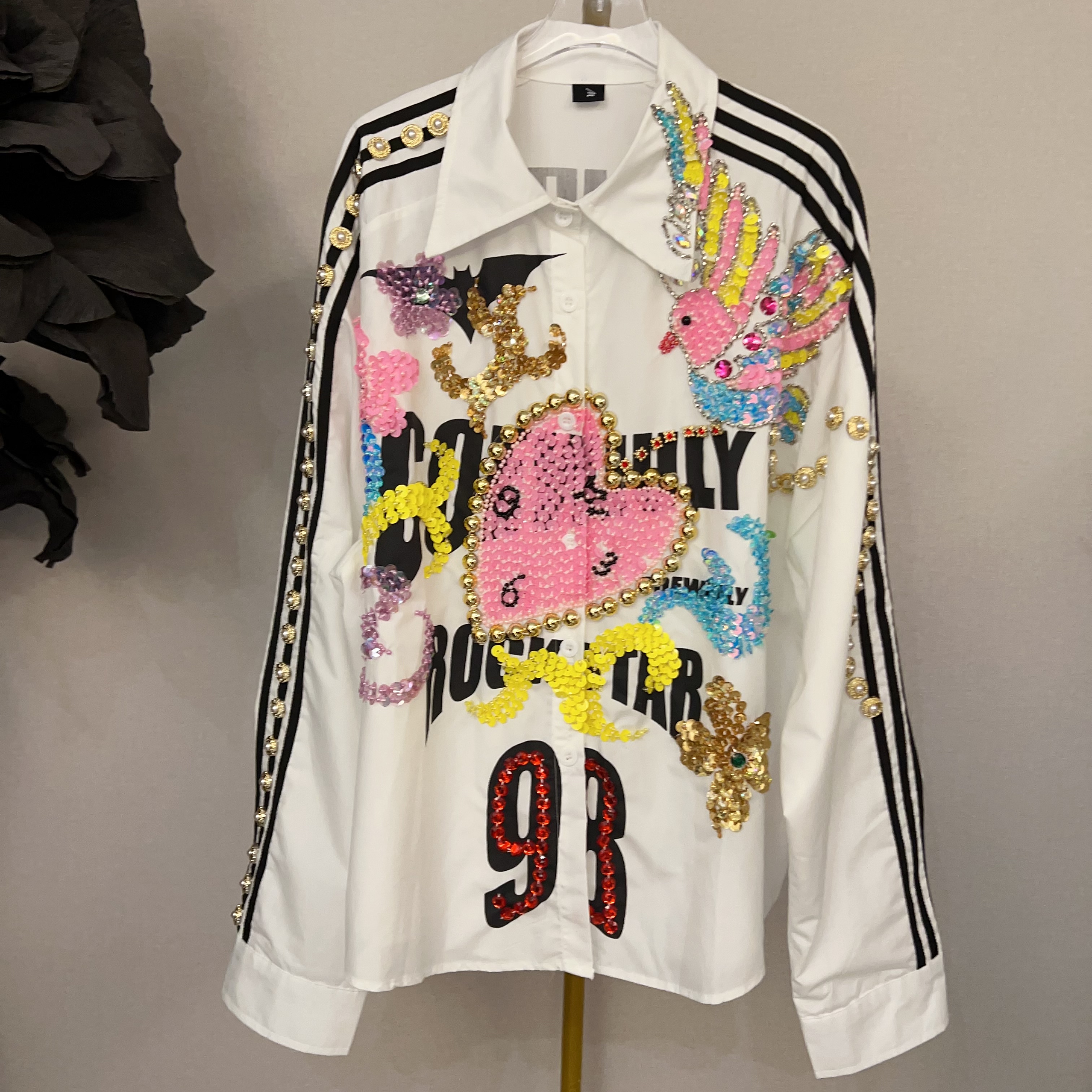 W1282设计师款手工重工棒球服亮片爱心气质个性休闲上衣