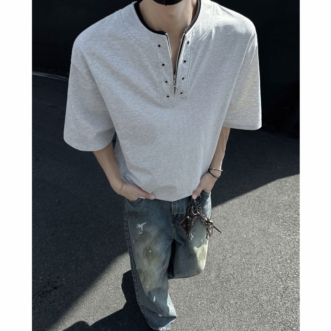 KONITIHA 300g重磅棉情侣垂感亨利领衫短袖cleanfitT恤短袖 TX893