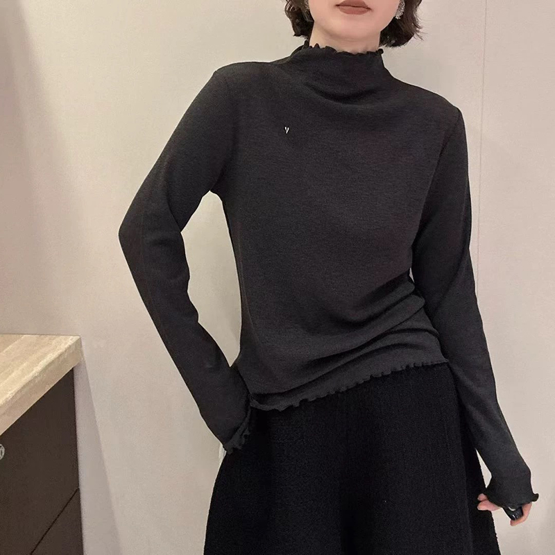 3446壹彩2025新款半高领木耳边加绒打底衫针织保暖百搭T恤上衣女