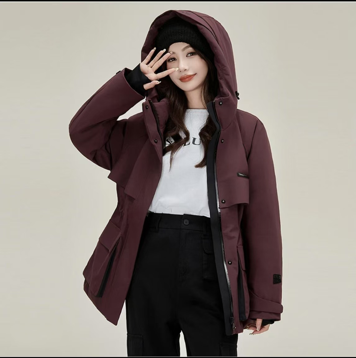 0307立领连帽收腰时尚百搭加厚新品工装派克服女