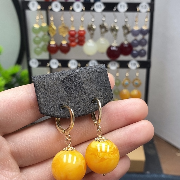 蜜蜡银S925镀金镶嵌耳饰16mm