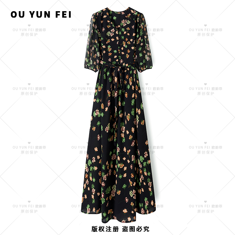 【夏日玫瑰】新款高端女装连衣裙夏季气质小众V领收腰时尚长裙3118