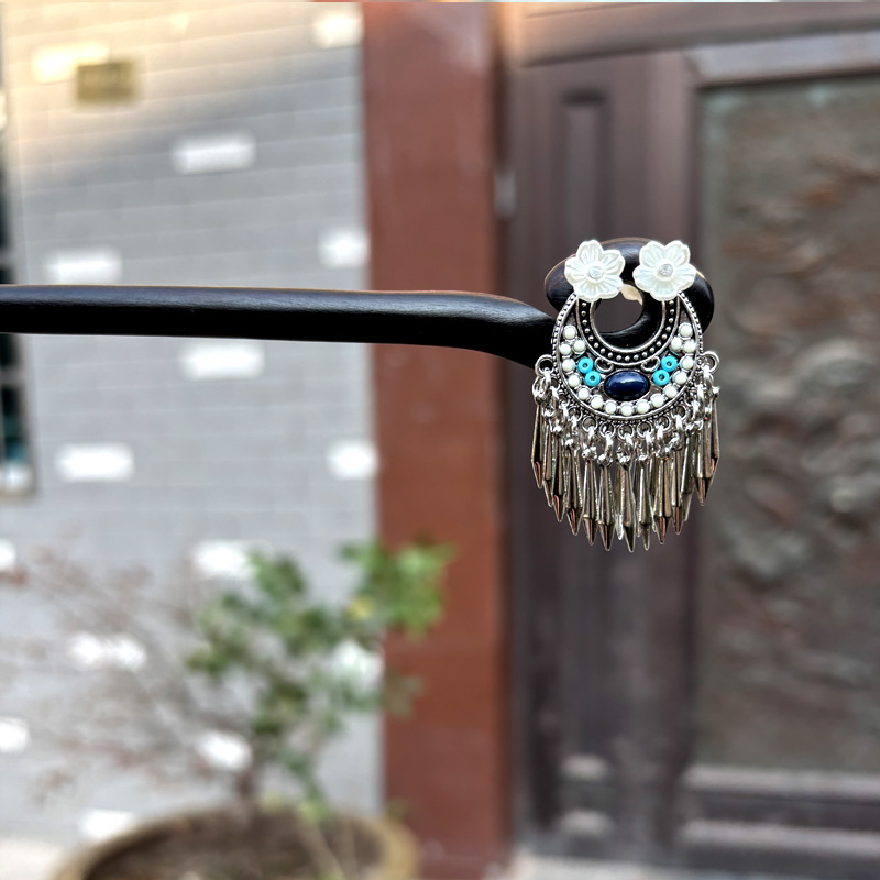 黑檀木发簪18cm双面【月牙瑶】新中式国风民族风古风步摇盘发簪