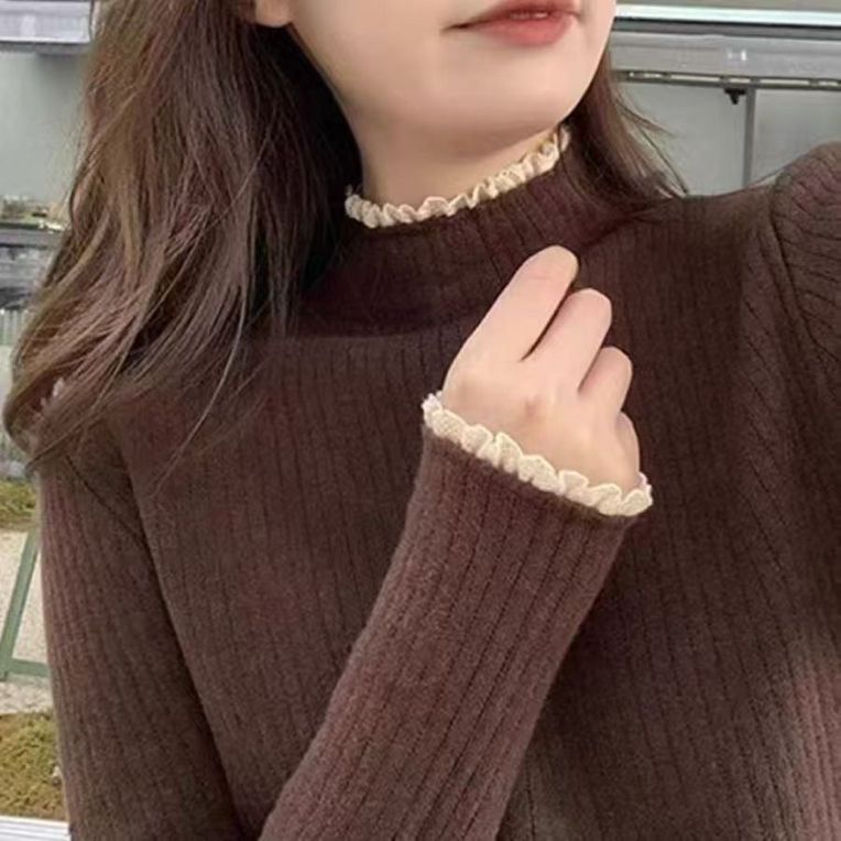 蕾丝边拼接半高领长袖针织衫毛针织衫时尚显瘦秋冬内搭百搭上衣