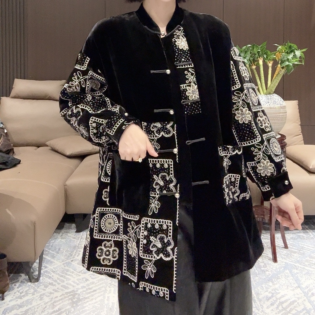 新中式冬季丝绒立体钉珠刺绣亮片保暖加棉上衣