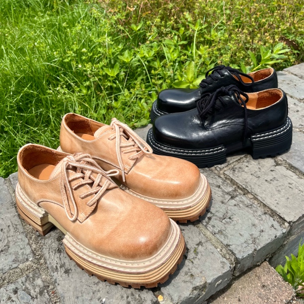 头层水洗马皮方圆头小众设计德比鞋时尚潮流百搭男女同款情侣鞋