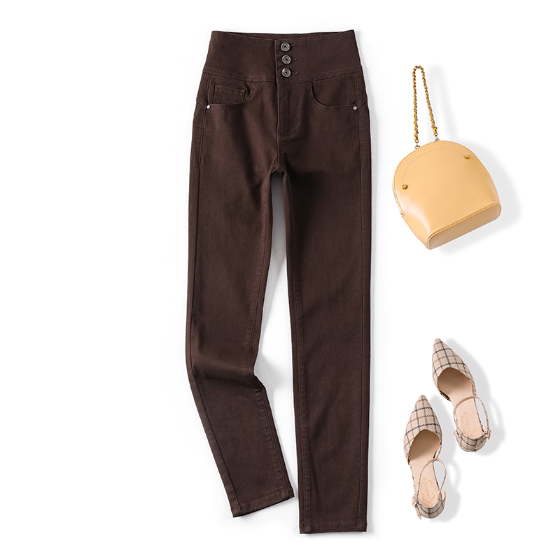 奶牛的梦高腰蜜桃臀牛仔裤排扣女新款紧身显瘦质感小脚铅笔长裤