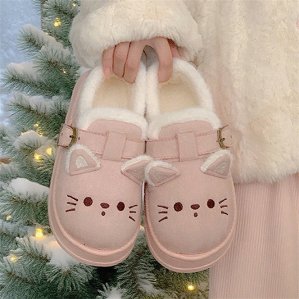 细细条 冬季保暖防滑Lolita小猫加绒棉鞋室内外穿一脚蹬乐福鞋女