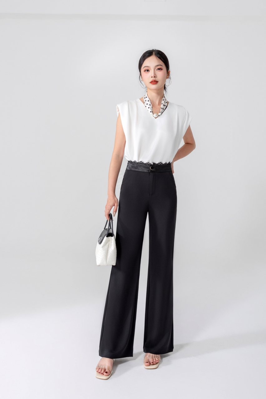 桃姐家高腰蕾丝拼接微喇裤修身显瘦气质时尚长裤女夏季——空调裤