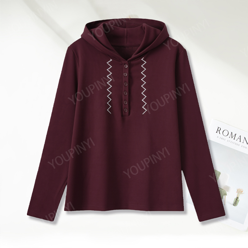 打底衫上衣2025秋冬新款连帽刺绣拼色设计感休闲时尚百搭显瘦上衣