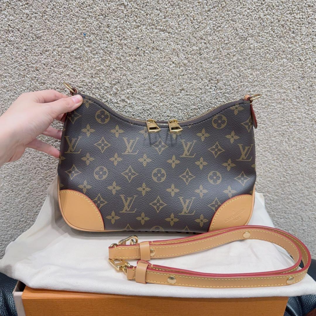 99新 LouisVuitton/路易威登 老花BOULOGNE棕色涂层帆布拼牛角包