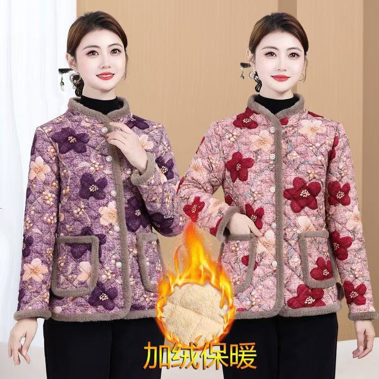 妈妈秋冬洋气百搭小棉衣加绒碎花棉袄中老年女装加厚保暖棉服外套
