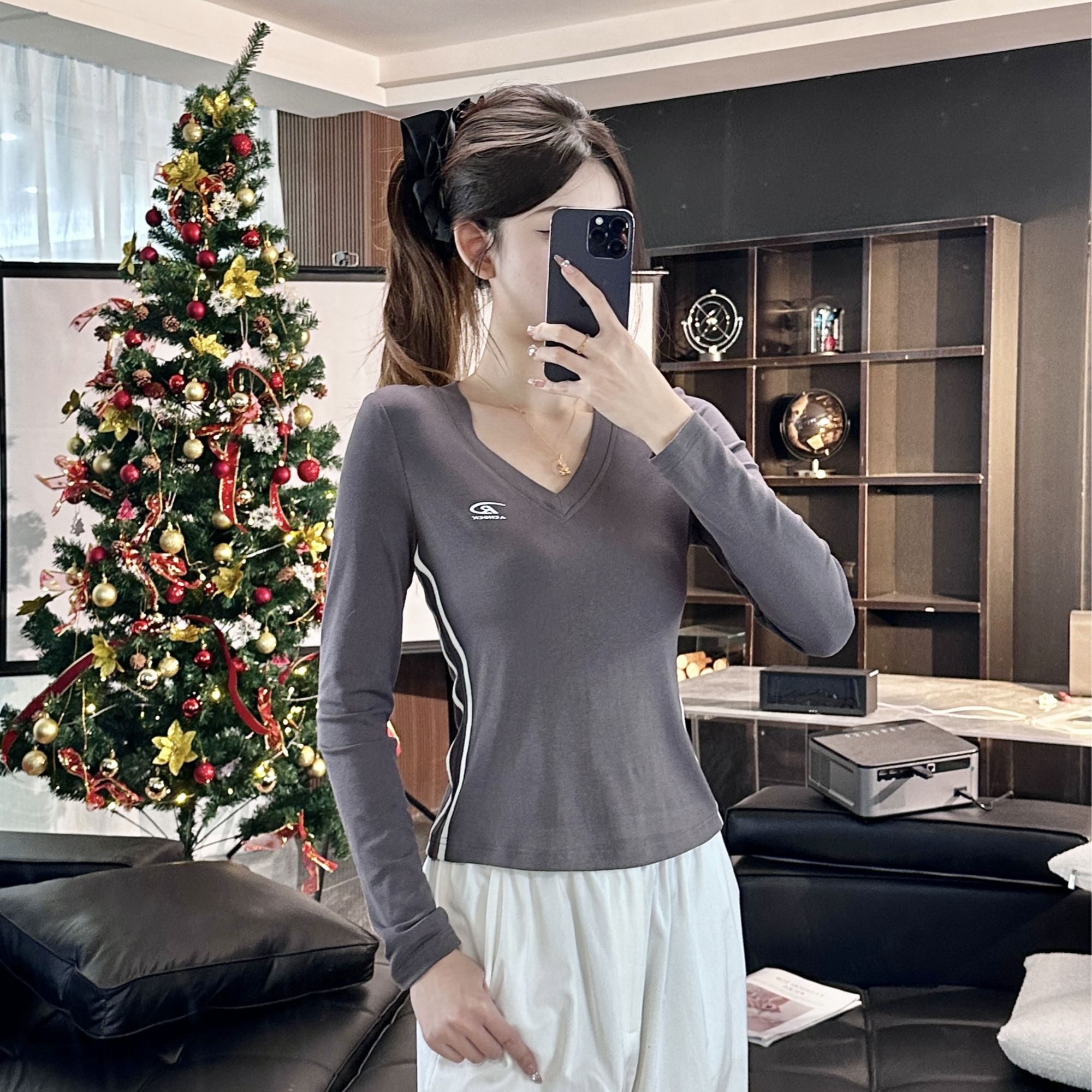 【Linda专属】【68】美式V领纯欲长袖女春秋修身短款显瘦上衣JC-A2871