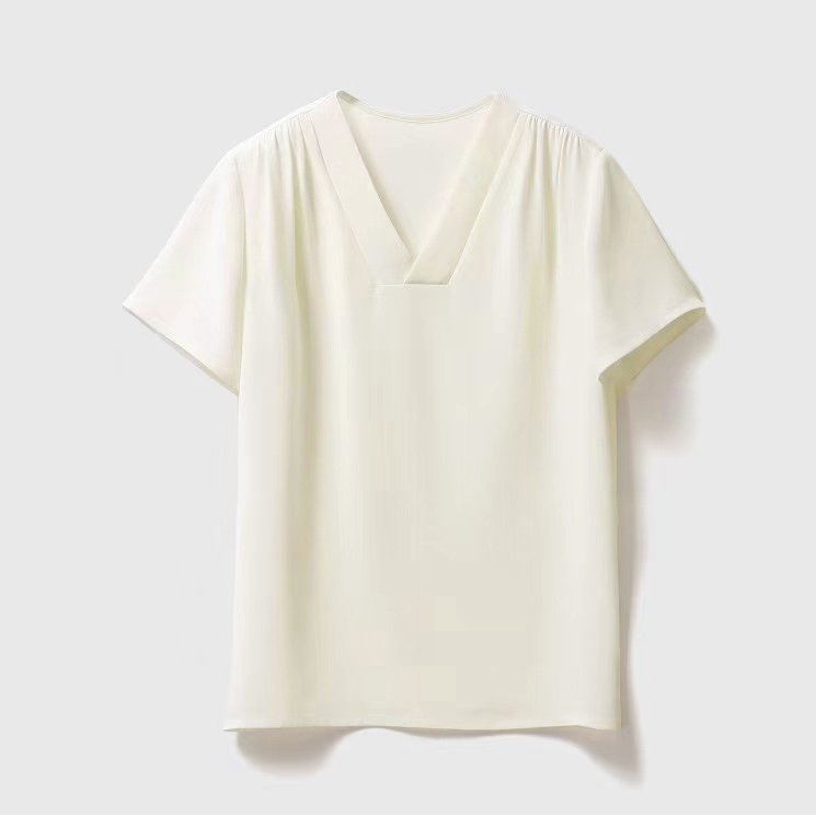轻奢优雅气质弹力重绉V领短袖T恤女 自由PX22122