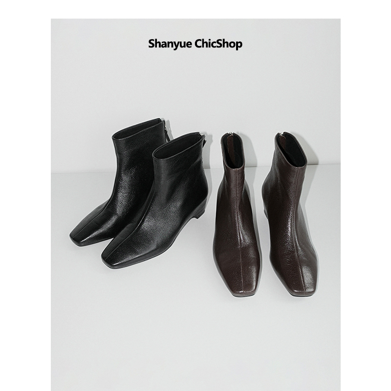 丨SY丨-跟高5.5cm 头层羊皮坡跟隐形增高极简气质方头短靴通勤