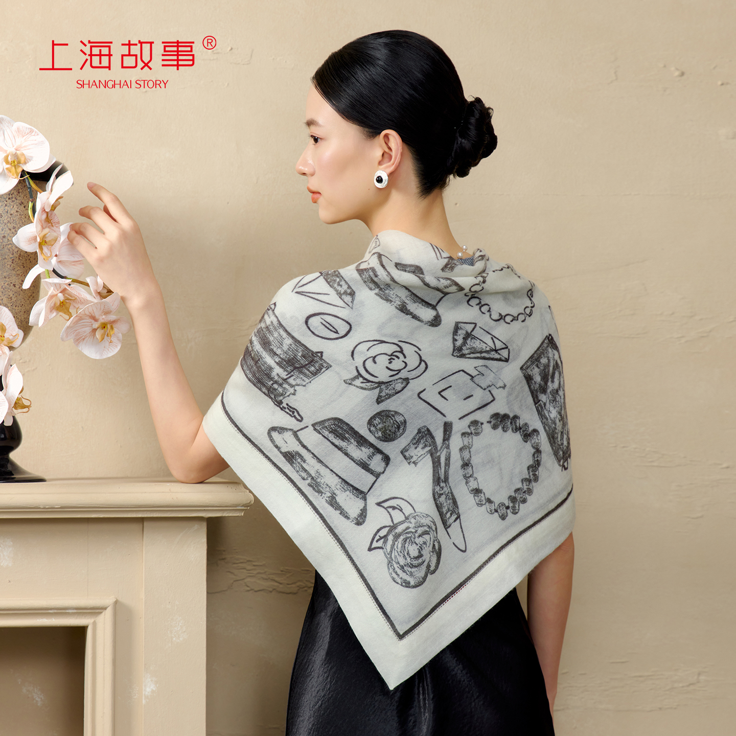 上海故事2025秋冬新款山羊绒精纺围巾披肩印花大方巾自由象限