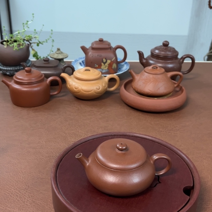 紫砂茶壶扁柿红将坡半手壶